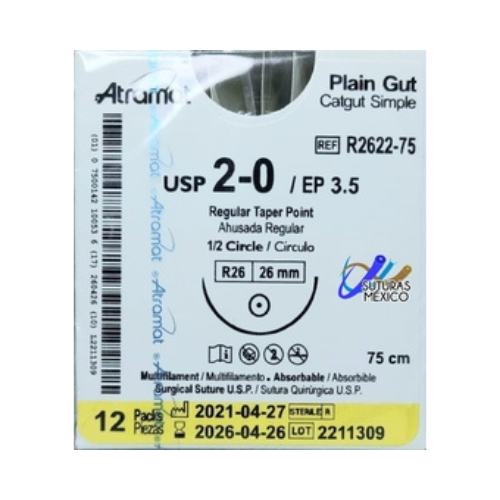 CATGUT SIMPLE 2/0 1/2 26MM 75CM R2622 C/